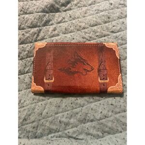 Wolf Graphic Suitcase Style Bifold Wallet Brown Tan Faux Leather Snap Closure